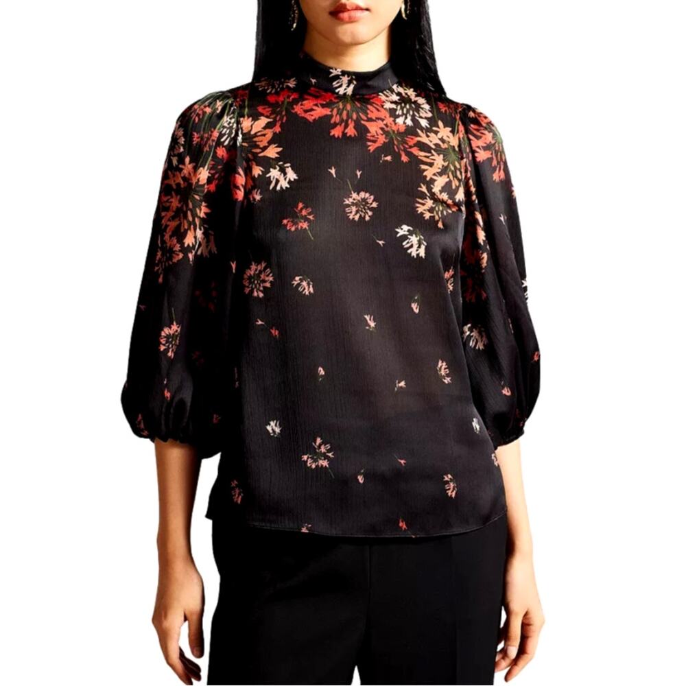TED BAKER Black Floral Eranthe Balloon Sleeve Blouse Size 12 Large Top